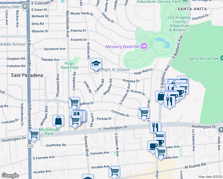 map of restaurants, bars, coffee shops, grocery stores, and more near 412 Magellan Road in Arcadia