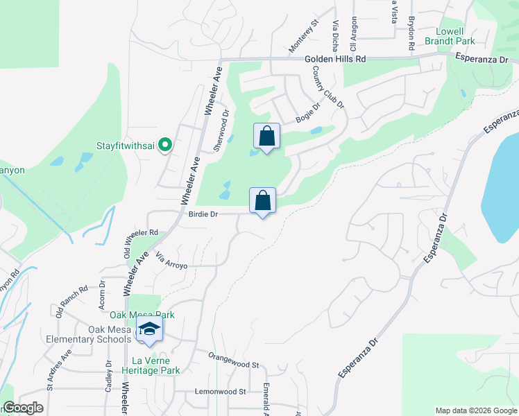map of restaurants, bars, coffee shops, grocery stores, and more near 6043 Birdie Drive in La Verne