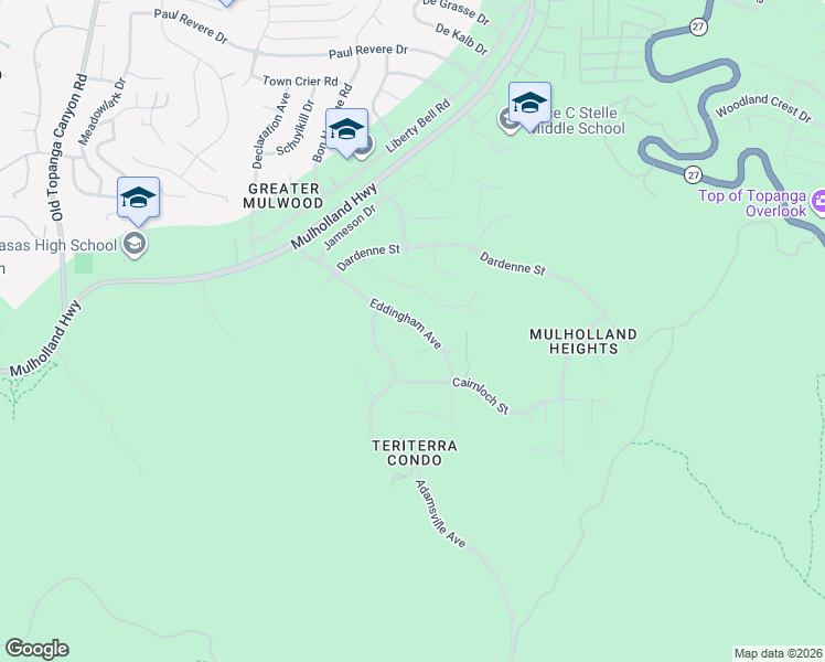 map of restaurants, bars, coffee shops, grocery stores, and more near 3677 Eddingham Avenue in Calabasas