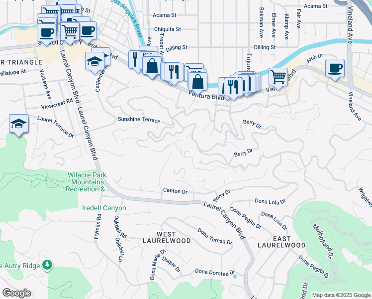 map of restaurants, bars, coffee shops, grocery stores, and more near 11531 Amanda Drive in Los Angeles