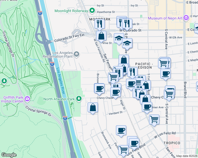 map of restaurants, bars, coffee shops, grocery stores, and more near 4102 Sequoia Street in Los Angeles