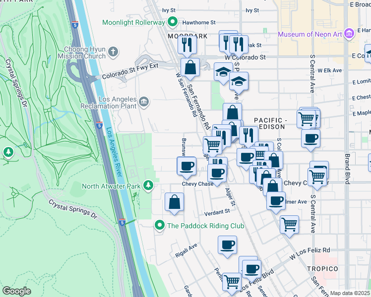 map of restaurants, bars, coffee shops, grocery stores, and more near 4102 Sequoia Street in Los Angeles