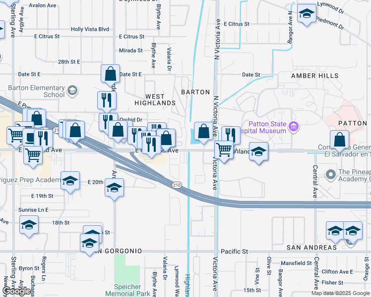 map of restaurants, bars, coffee shops, grocery stores, and more near 2692 Highland Avenue in Highland