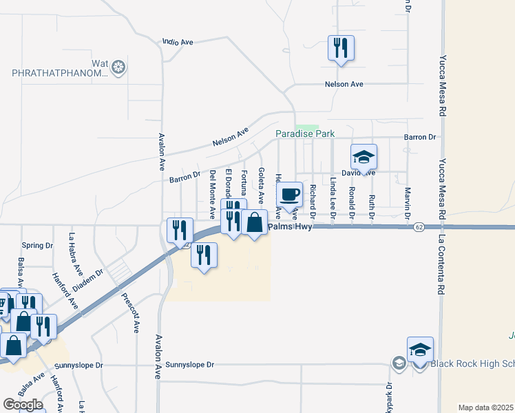 map of restaurants, bars, coffee shops, grocery stores, and more near 58810 Twentynine Palms Highway in Yucca Valley
