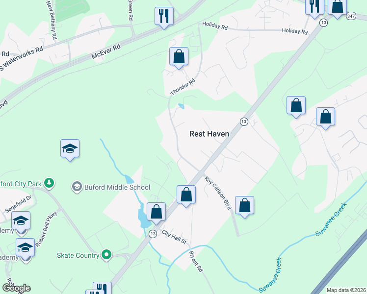 map of restaurants, bars, coffee shops, grocery stores, and more near 410 Thunder Road in Buford