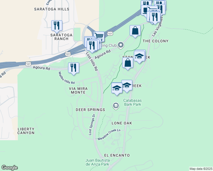 map of restaurants, bars, coffee shops, grocery stores, and more near 4240 Lost Hills Road in Agoura Hills