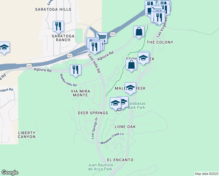 map of restaurants, bars, coffee shops, grocery stores, and more near 4240 Lost Hills Road in Agoura Hills