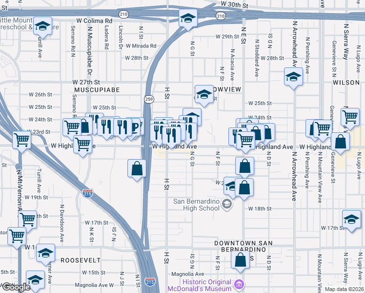 map of restaurants, bars, coffee shops, grocery stores, and more near 735 W Highland Ave in San Bernardino