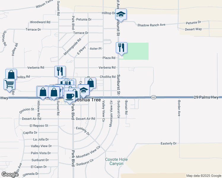 map of restaurants, bars, coffee shops, grocery stores, and more near 6450 Mountain View Street in Joshua Tree