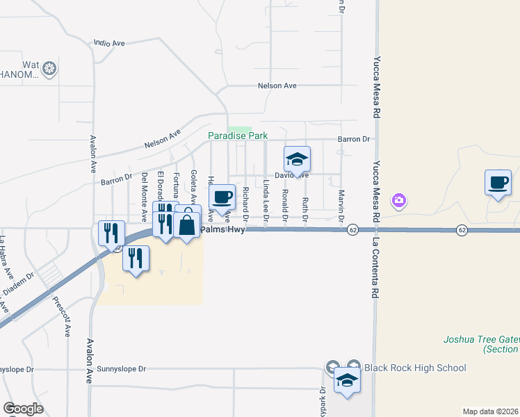 map of restaurants, bars, coffee shops, grocery stores, and more near 58942 Twentynine Palms Highway in Yucca Valley