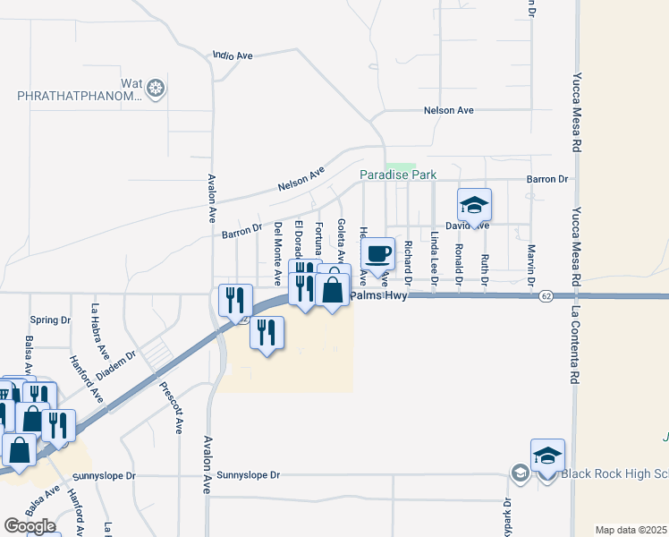 map of restaurants, bars, coffee shops, grocery stores, and more near 58746 Paxton Outerhighway North in Yucca Valley