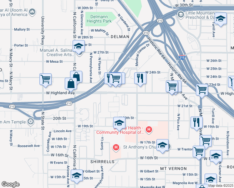 map of restaurants, bars, coffee shops, grocery stores, and more near 1761 West Highland Avenue in San Bernardino