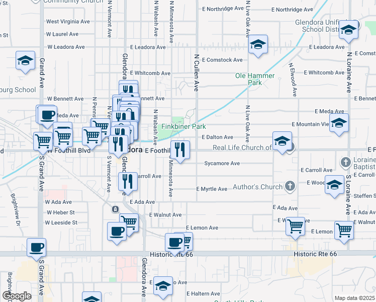 map of restaurants, bars, coffee shops, grocery stores, and more near 457 Sycamore Avenue in Glendora