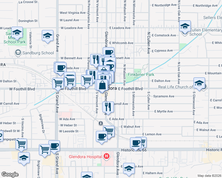 map of restaurants, bars, coffee shops, grocery stores, and more near in Glendora