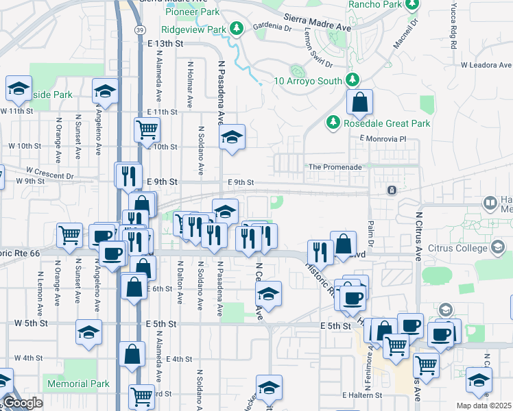 map of restaurants, bars, coffee shops, grocery stores, and more near 601 East 8th Street in Azusa