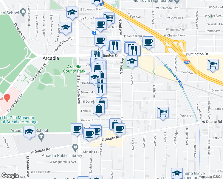 map of restaurants, bars, coffee shops, grocery stores, and more near 154 Diamond Street in Arcadia