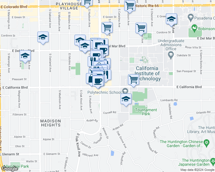 map of restaurants, bars, coffee shops, grocery stores, and more near 596 South Mentor Avenue in Pasadena