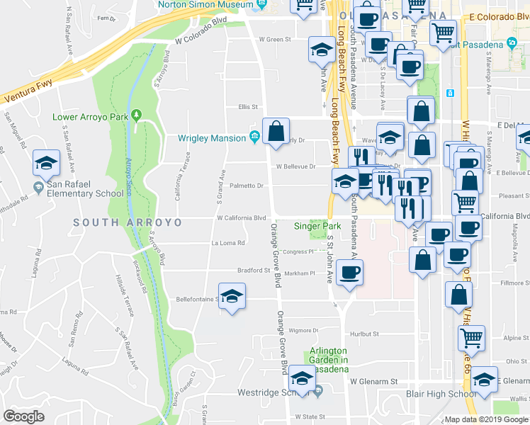 map of restaurants, bars, coffee shops, grocery stores, and more near 601 South Orange Grove Boulevard in Pasadena