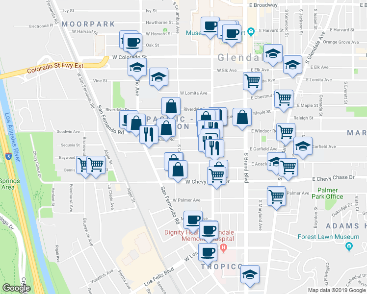 map of restaurants, bars, coffee shops, grocery stores, and more near 346 West Garfield Avenue in Glendale