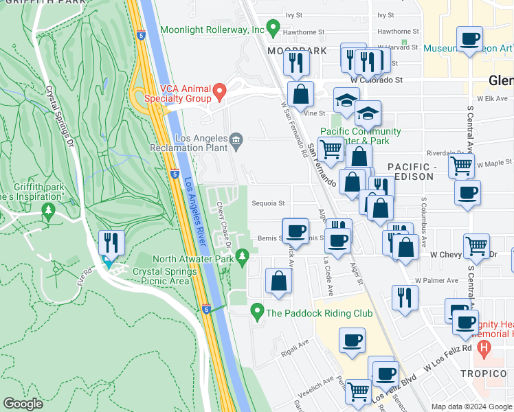 map of restaurants, bars, coffee shops, grocery stores, and more near 4021 Baywood Street in Los Angeles