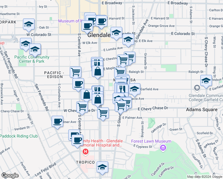 map of restaurants, bars, coffee shops, grocery stores, and more near 832 South Maryland Avenue in Glendale