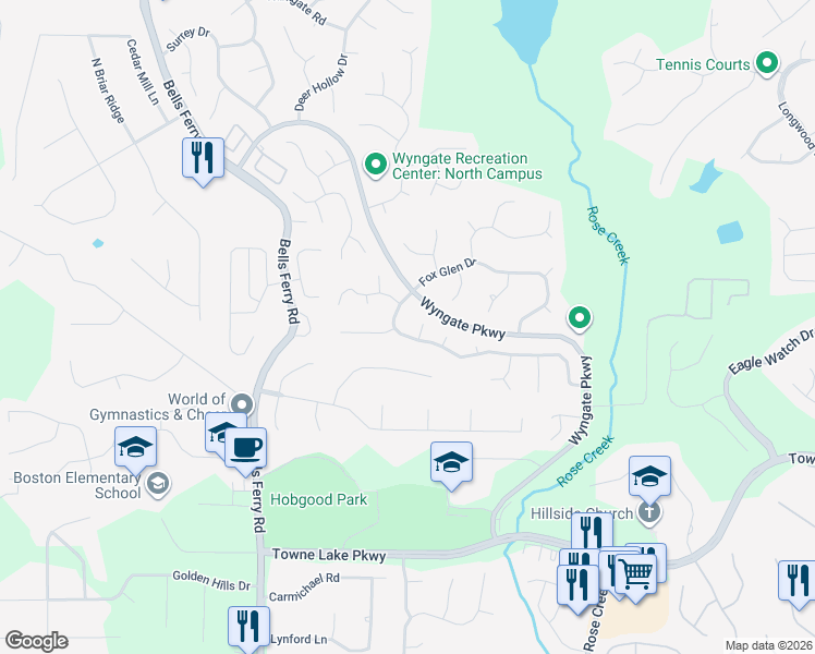 map of restaurants, bars, coffee shops, grocery stores, and more near 4012 Watkins Glen Drive in Woodstock