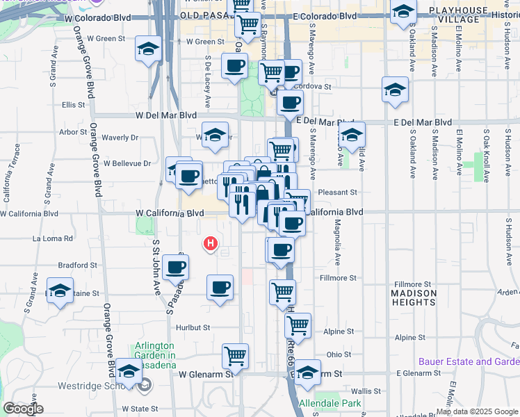 map of restaurants, bars, coffee shops, grocery stores, and more near 55 East California Boulevard in Pasadena