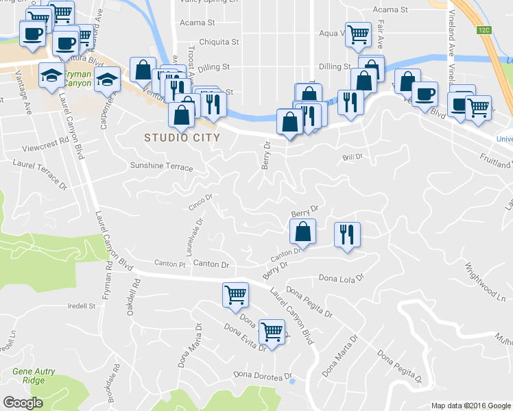 map of restaurants, bars, coffee shops, grocery stores, and more near 11551 Decente Drive in Los Angeles