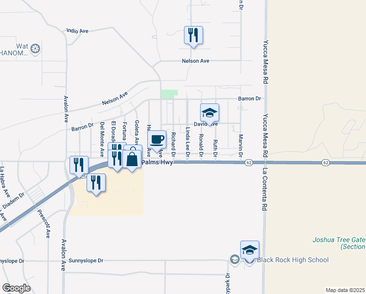 map of restaurants, bars, coffee shops, grocery stores, and more near 58942 Twentynine Palms Highway in Yucca Valley