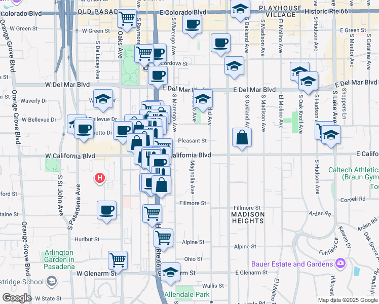 map of restaurants, bars, coffee shops, grocery stores, and more near 280 East California Boulevard in Pasadena