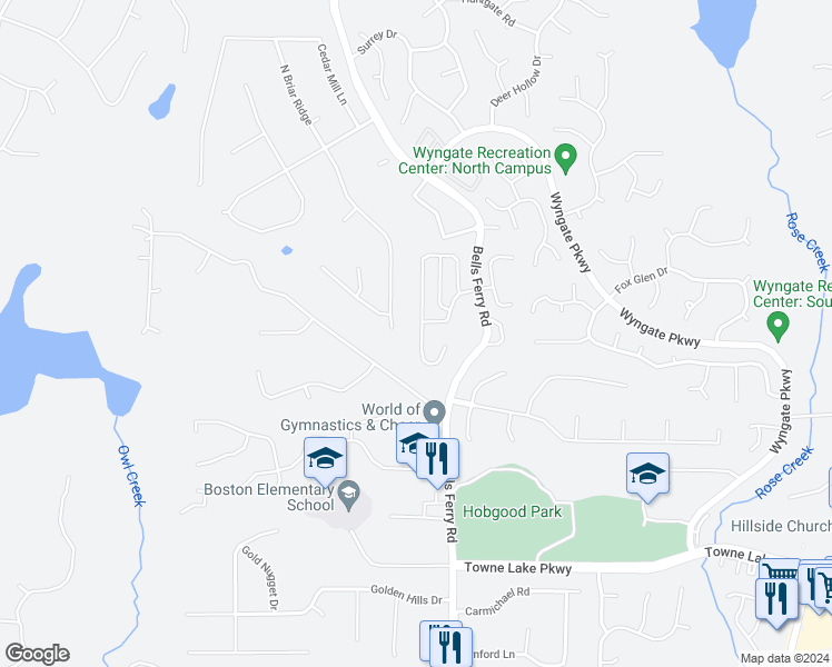 map of restaurants, bars, coffee shops, grocery stores, and more near 272 Ascott Lane in Woodstock