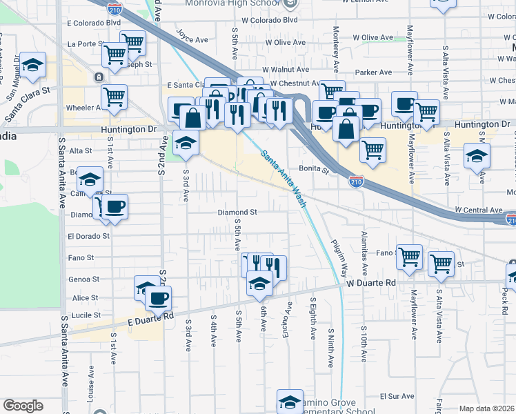 map of restaurants, bars, coffee shops, grocery stores, and more near 929 Diamond Street in Monrovia
