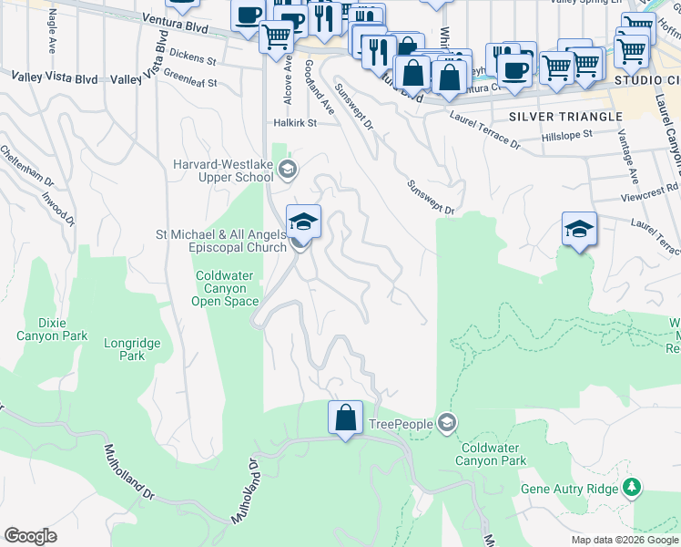 map of restaurants, bars, coffee shops, grocery stores, and more near 3866 Alta Mesa Drive in Los Angeles