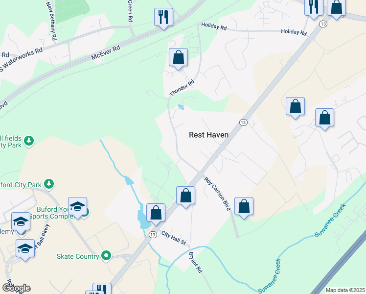 map of restaurants, bars, coffee shops, grocery stores, and more near 407 Thunder Road in Buford