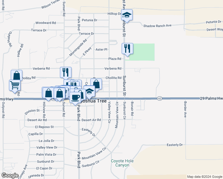map of restaurants, bars, coffee shops, grocery stores, and more near 6443 Valley View Street in Joshua Tree