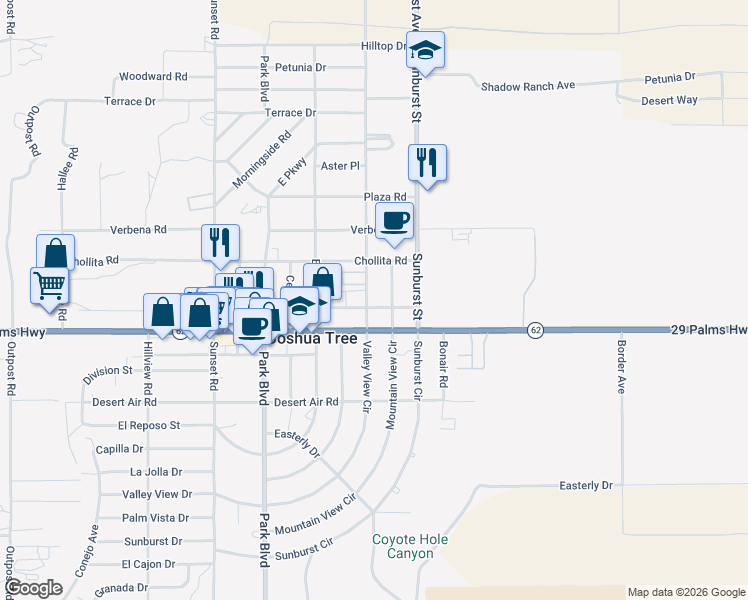 map of restaurants, bars, coffee shops, grocery stores, and more near 6450 Mountain View Street in Joshua Tree