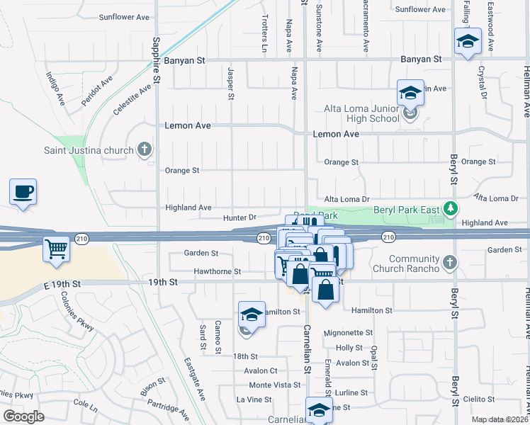 map of restaurants, bars, coffee shops, grocery stores, and more near 8543 Hunter Drive in Rancho Cucamonga