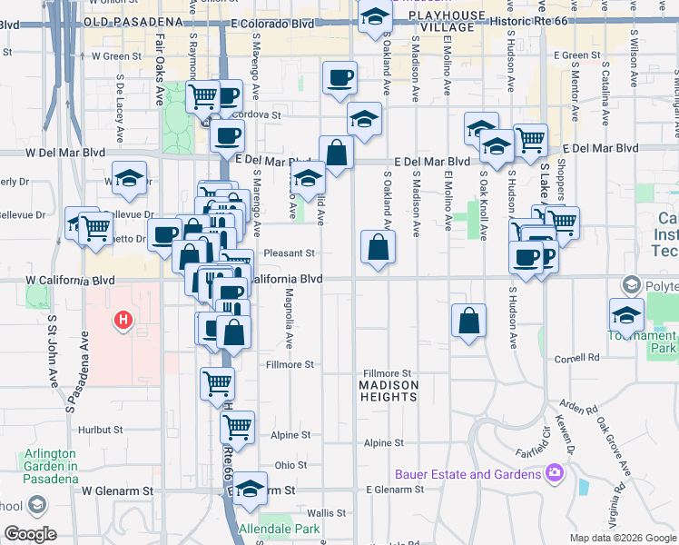 map of restaurants, bars, coffee shops, grocery stores, and more near 400 East California Boulevard in Pasadena