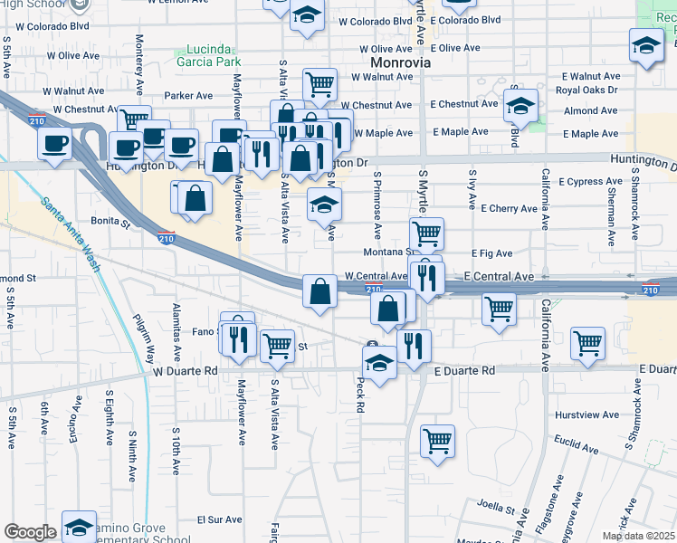 map of restaurants, bars, coffee shops, grocery stores, and more near 1426 South Magnolia Avenue in Monrovia