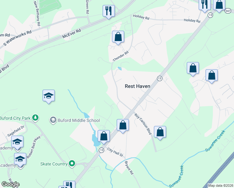map of restaurants, bars, coffee shops, grocery stores, and more near 406 Thunder Road in Buford