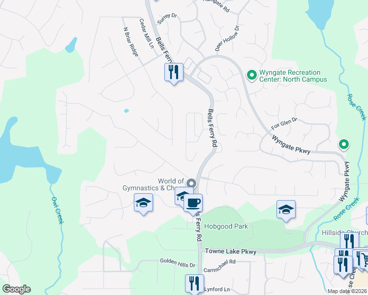 map of restaurants, bars, coffee shops, grocery stores, and more near 272 Ascott Lane in Woodstock