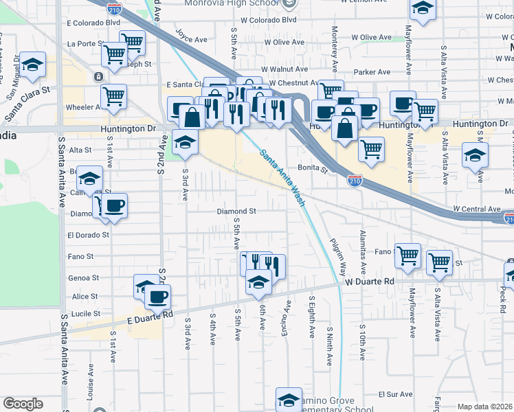 map of restaurants, bars, coffee shops, grocery stores, and more near 929 Diamond Street in Monrovia