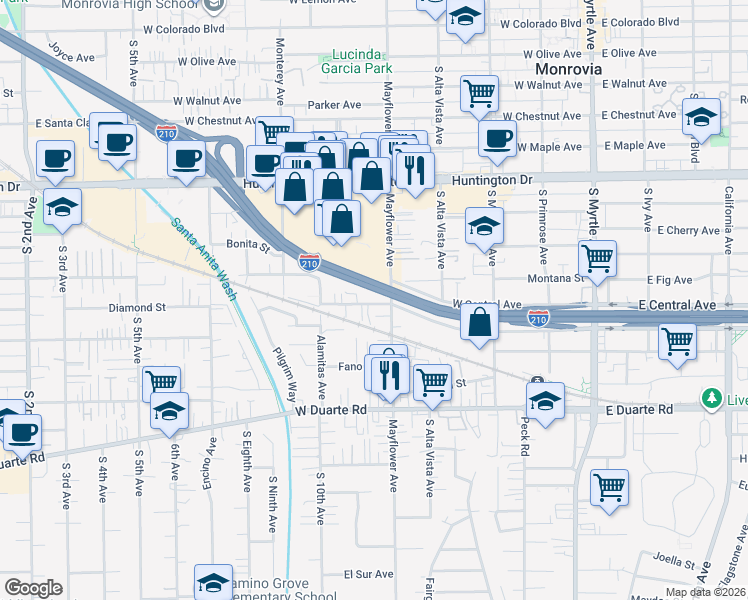 map of restaurants, bars, coffee shops, grocery stores, and more near 519 Diamond Street in Monrovia