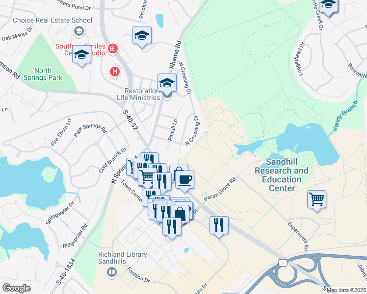 map of restaurants, bars, coffee shops, grocery stores, and more near 121 Tamara Way in Columbia