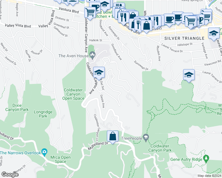 map of restaurants, bars, coffee shops, grocery stores, and more near 3866 Alta Mesa Drive in Los Angeles
