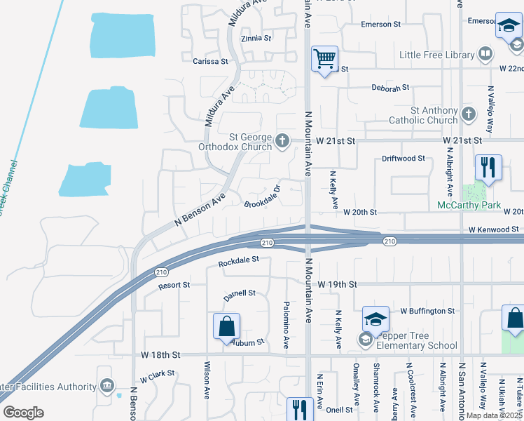map of restaurants, bars, coffee shops, grocery stores, and more near 2003 Springcreek Circle in Upland