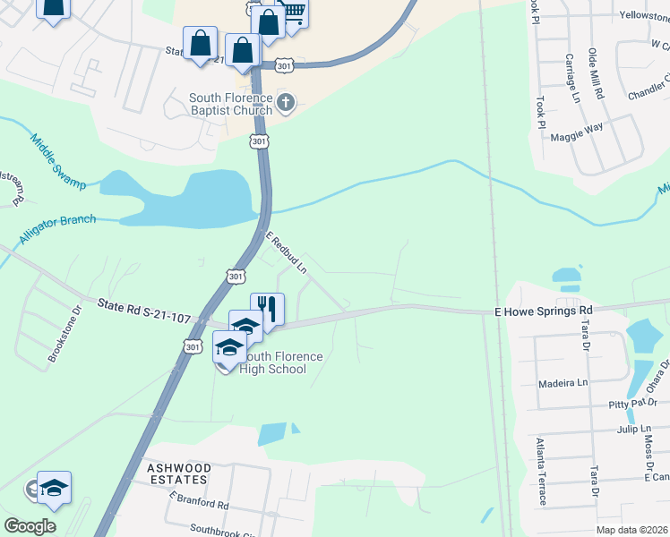 map of restaurants, bars, coffee shops, grocery stores, and more near 251 Bluff View Lane in Florence