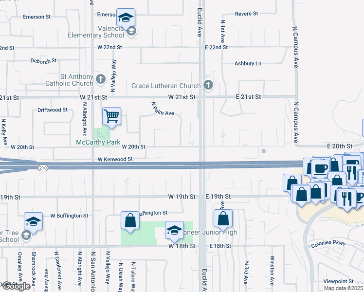 map of restaurants, bars, coffee shops, grocery stores, and more near 1997 North Euclid Avenue in Upland