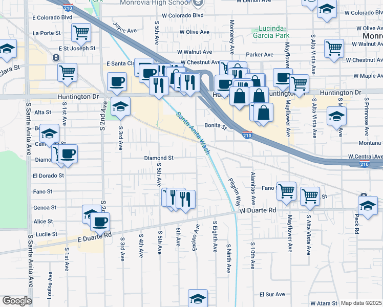 map of restaurants, bars, coffee shops, grocery stores, and more near 1508 Encino Avenue in Monrovia