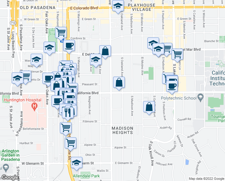 map of restaurants, bars, coffee shops, grocery stores, and more near 400 East California Boulevard in Pasadena